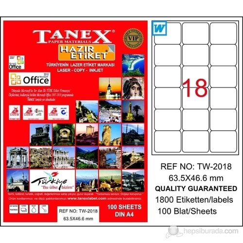 TANEX TW-2018 63,5X46,6 MM LAZER ETİKET 100 AD